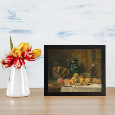 Infidu classic still life vintage wall art with peaches, jug, and candle on a wooden table, perfect for warm, rustic dining room decor. displayed on the wall