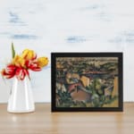 Cubist cityscape vintage wall art in warm earthy tones with abstract rooftops and buildings by Infidu. displayed on the wall