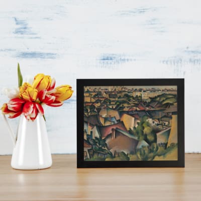 Cubist cityscape vintage wall art in warm earthy tones with abstract rooftops and buildings by Infidu. displayed on the wall