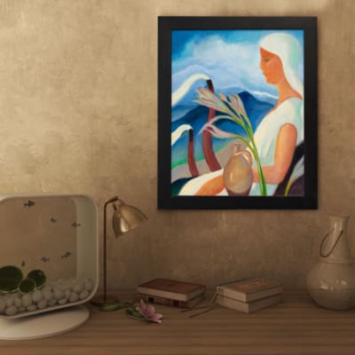 Vintage art of a woman with a flower and clay pot, set against a peaceful sky and mountains. displayed on the wall