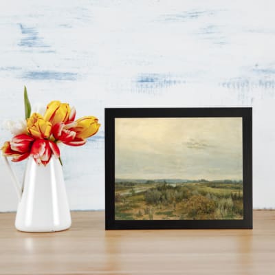 Infidu vintage wall art featuring peaceful countryside river, fields, and trees in soft green, brown, and beige tones. displayed on the wall