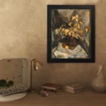 Infidu vintage wall art showing a brown vase with yellow leaves and fruits in warm, earthy tones. displayed on the wall