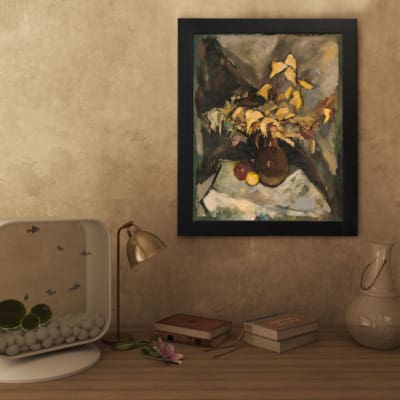 Infidu vintage wall art showing a brown vase with yellow leaves and fruits in warm, earthy tones. displayed on the wall