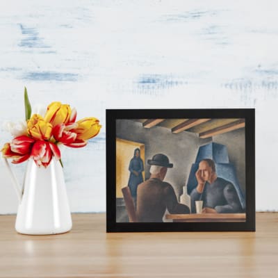 Vintage wall art featuring three figures in a calm indoor setting with muted colors and geometric background shapes. displayed on the table in a black frame
