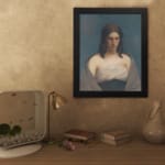 Infidu Vintage Portrait Wall Art of a Thoughtful Woman with soft beige and grey tones, featuring a calm expression and simple background. displayed on the wall