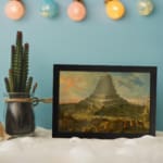 Infidu Vintage Spiral Tower and Dreamy Landscape Wall Art showing a spiral tower with small buildings, soft colors, and a dreamy sky. displayed on the wall