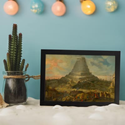 Infidu Vintage Spiral Tower and Dreamy Landscape Wall Art showing a spiral tower with small buildings, soft colors, and a dreamy sky. displayed on the wall