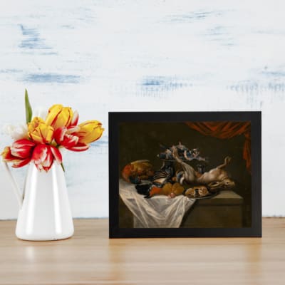 Infidu Vintage Still Life with Fruits and Animals Wall Art, showcasing a table with fruits, birds, and a rabbit, framed in dark tones. displayed on the wall