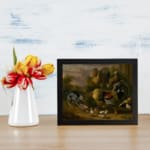 Vintage wall art of a farmyard scene with chickens, chicks, and a dog in earthy tones, evoking a cozy, rustic feel. displayed on the wall