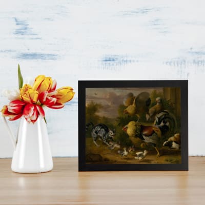 Vintage wall art of a farmyard scene with chickens, chicks, and a dog in earthy tones, evoking a cozy, rustic feel. displayed on the wall