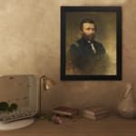 Vintage portrait wall art of a bearded man in a formal navy uniform with gold shoulder details and a smoky brown-gold background. displayed on the wall