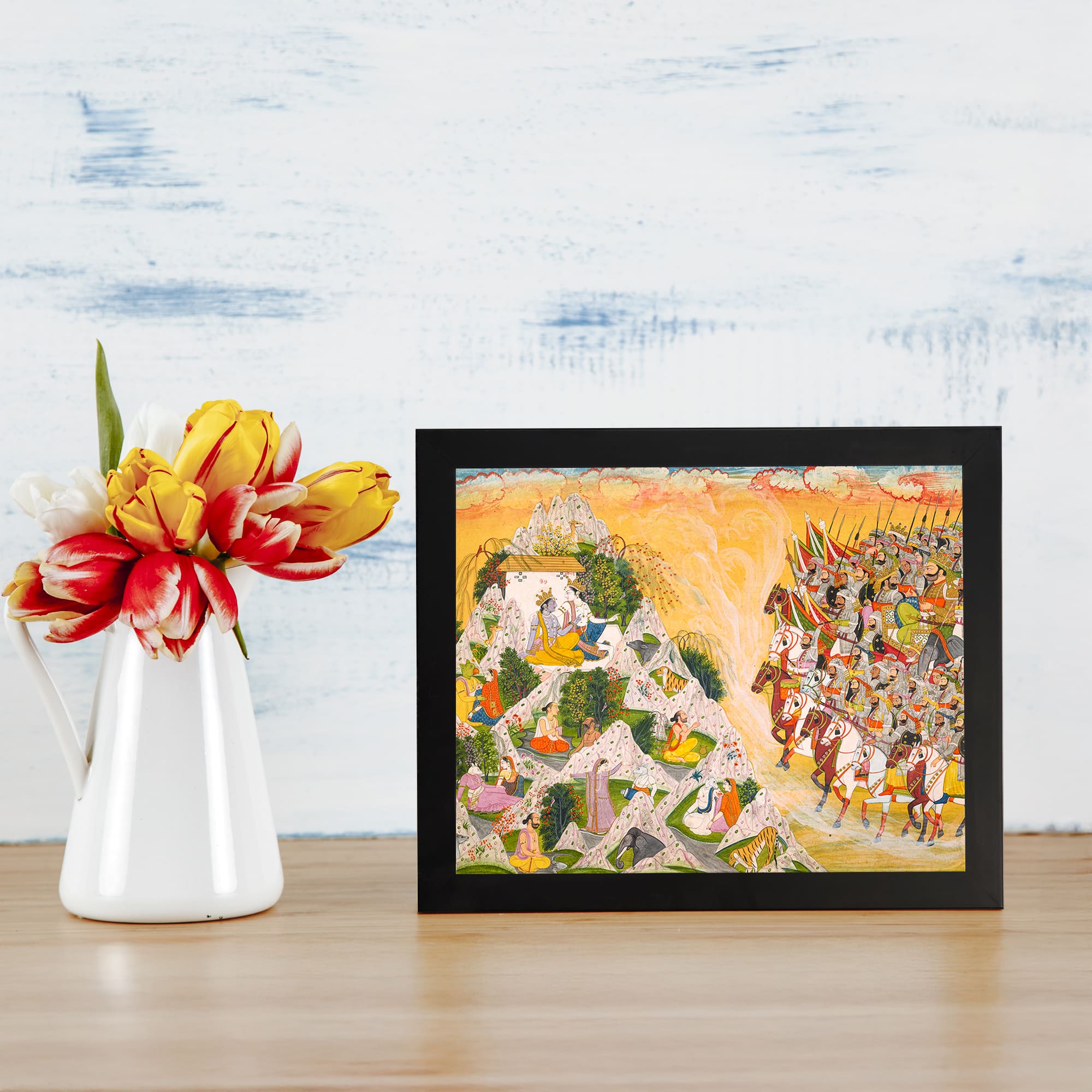 Vintage wall art of a historical battle scene with vibrant warriors on horseback, colorful clothing, and a warm orange and cream background. displayed on the wall