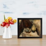 Vintage still life wall art with ceramic jug and bowl on white cloth, set against warm abstract background in earthy tones. displayed on the wall