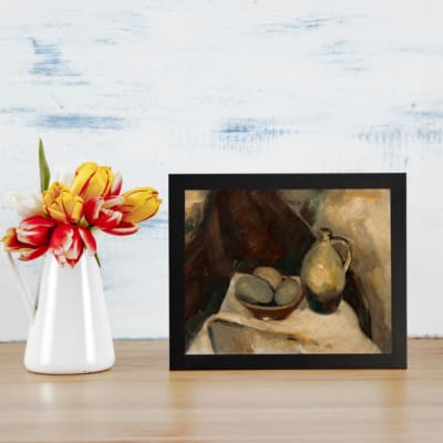 Vintage still life wall art with ceramic jug and bowl on white cloth, set against warm abstract background in earthy tones. displayed on the wall