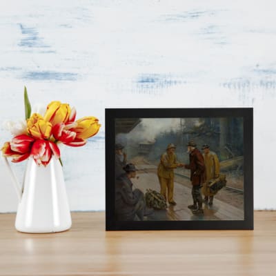 Vintage outdoor scene with historic figures in muted tones, capturing a nostalgic atmosphere. Perfect for vintage wall decor. displayed on the table in a black frame