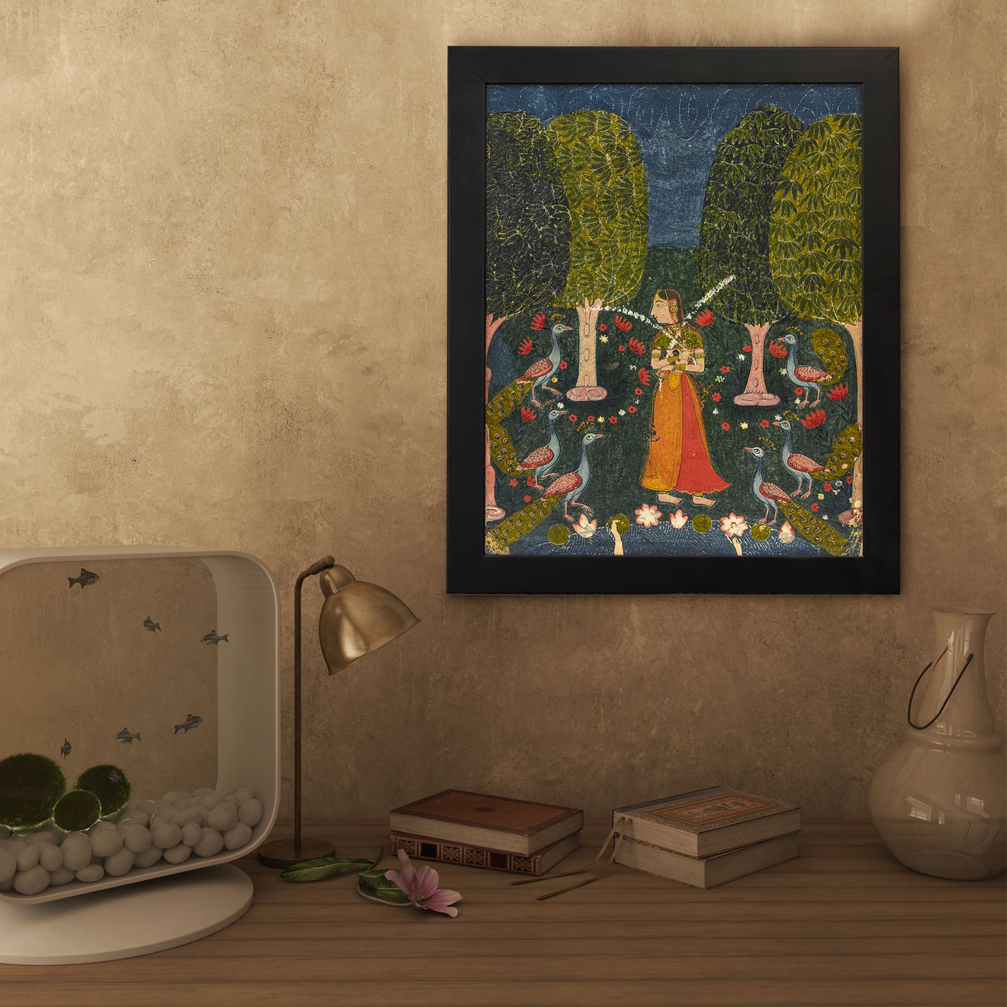 Vintage wall art of an Indian lady in a colorful garden with peacocks, flowers, and a deep blue background, capturing vibrant traditional beauty. displayed on the wall