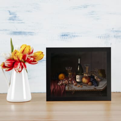 Infidu vintage still life wall art with fruit, wine, and glasses in rich warm tones on a dark background. displayed on the wall