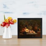 Classic still life vintage wall art with fruits and a rustic jug, showcasing rich warm colors and cozy, antique appeal. displayed on the wall