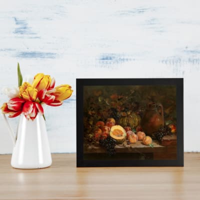 Classic still life vintage wall art with fruits and a rustic jug, showcasing rich warm colors and cozy, antique appeal. displayed on the wall