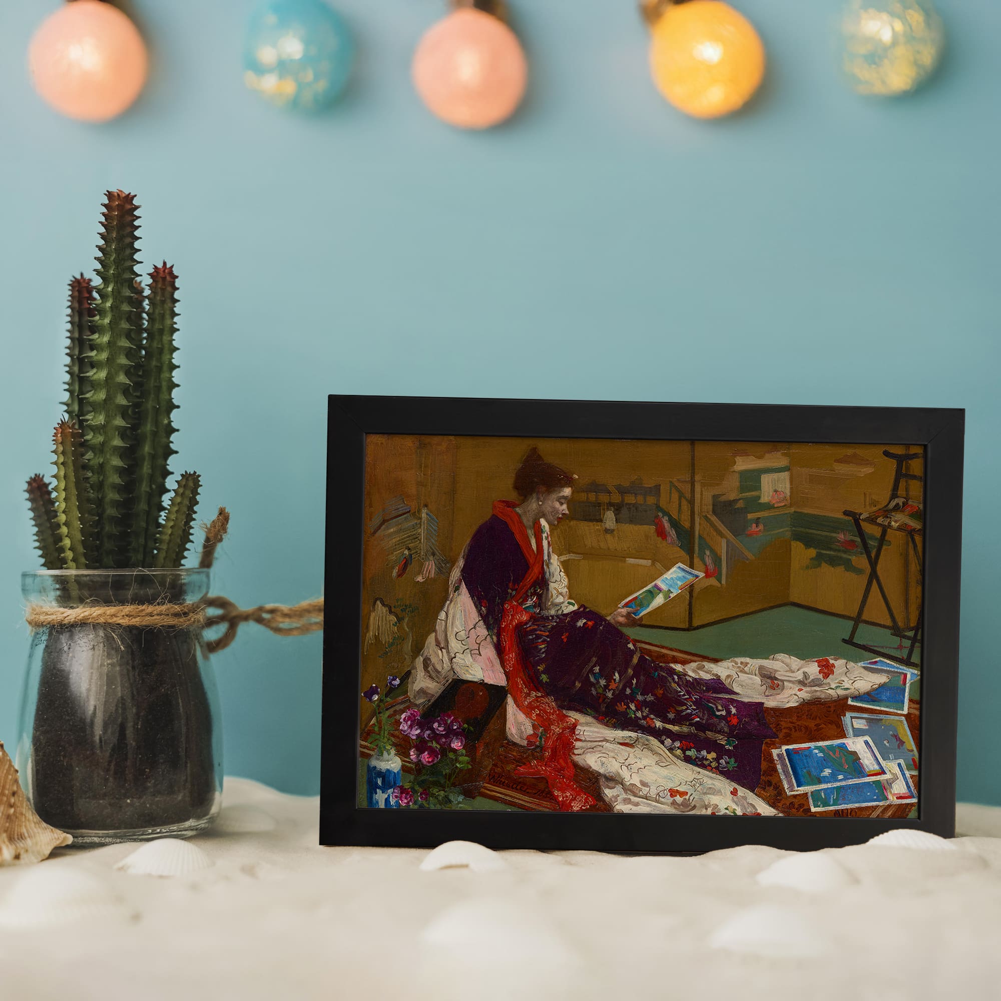 Vintage wall art of a woman in traditional clothing reading in a cozy indoor setting with rich reds, purples, and soft greens. displayed on the wall