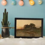 Vintage farmhouse wall art at sunset with warm tones and rustic countryside charm. displayed on the wall
