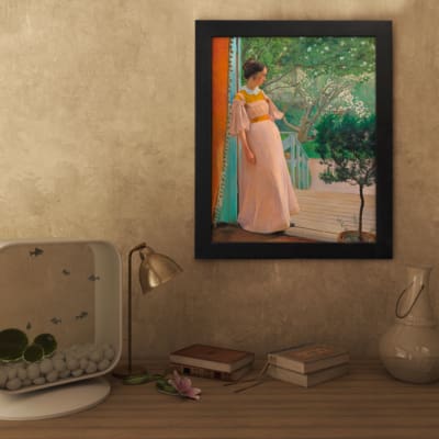 Vintage wall art of a graceful woman in a pink dress standing at a doorway, gazing into a peaceful garden with greens, oranges, and teals. displayed on the wall