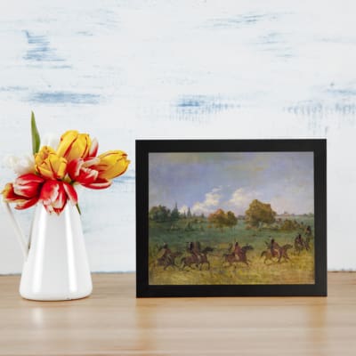 Vintage wall art featuring horse riders in open fields with soft, natural colors, including green grass, blue skies, and brown horses. displayed on the wall