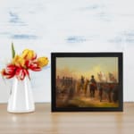 Vintage military wall art featuring soldiers, a cannon, and a dramatic battlefield with earthy tones and a golden sky. displayed on the wall