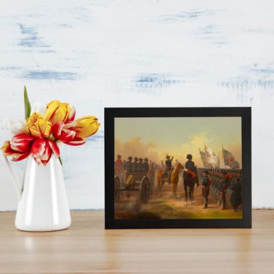 Vintage military wall art featuring soldiers, a cannon, and a dramatic battlefield with earthy tones and a golden sky. displayed on the wall