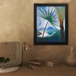 Vintage wall art with a white bird, tropical trees, and mountain background in soft blue, green, and brown tones. displayed on the wall