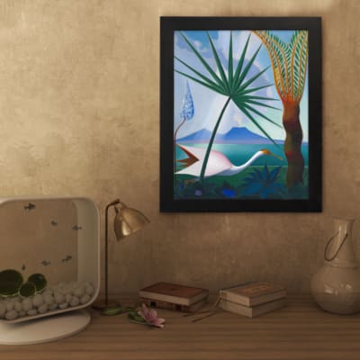 Vintage wall art with a white bird, tropical trees, and mountain background in soft blue, green, and brown tones. displayed on the wall