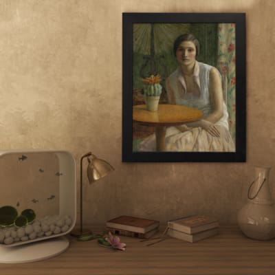Vintage wall art of a woman in a white blouse and peach skirt sitting beside a table with a flower pot in a softly colored interior. displayed on the wall