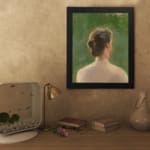 Vintage wall art showing the back view of a woman with tied hair, set against a rich green background with soft, blended brushstrokes. displayed on the wall