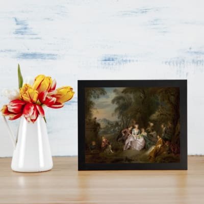 Vintage 1700s gathering wall art with elegantly dressed people in an outdoor setting surrounded by trees. displayed on the wall