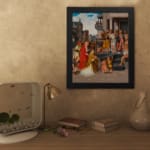 Vintage wall art of a city gathering scene with warm tones, historic buildings, and a group of people around a central figure. displayed on the wall