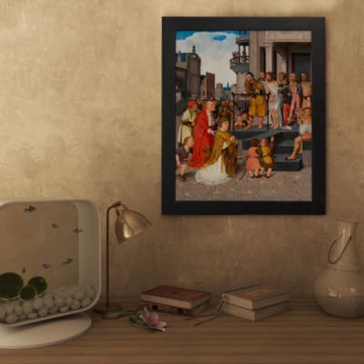 Vintage wall art of a city gathering scene with warm tones, historic buildings, and a group of people around a central figure. displayed on the wall