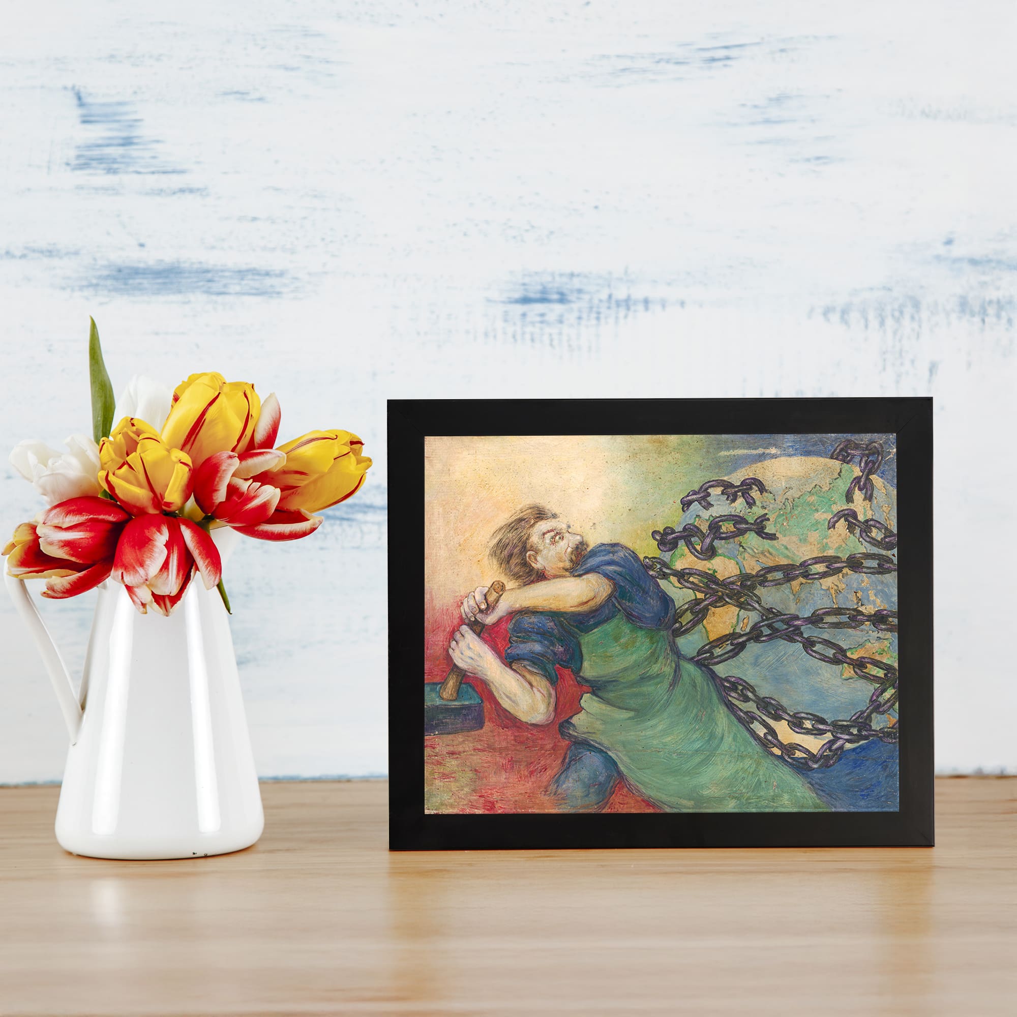 Vintage wall art of a person breaking free from chains, wearing green and blue, set against a bold, colorful background. displayed on the wall