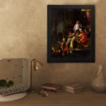 Vintage royal gathering wall art with glowing central figure, colorful robes, and rich dark background displayed on the wall
