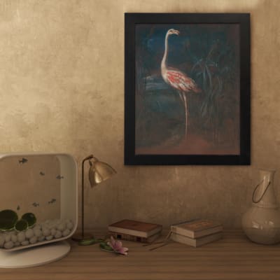 Vintage wall art of a pink flamingo standing in a dark, natural setting with elegant contrast and tropical plants in the background. displayed on the wall