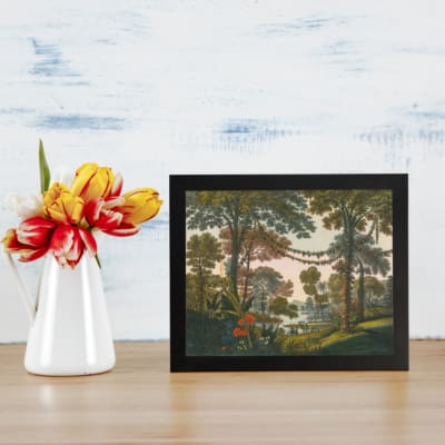 Vintage forest wall art with tall trees, red flowers, and a serene river scene. displayed on the wall