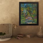 Vintage wall art of a vibrant forest with a colorful flowing stream and expressive brushstrokes. displayed on the wall