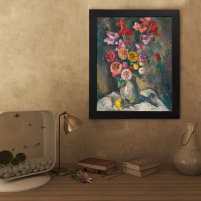 Infidu vintage floral vase wall art with colorful flowers on a dark background. displayed on the wall