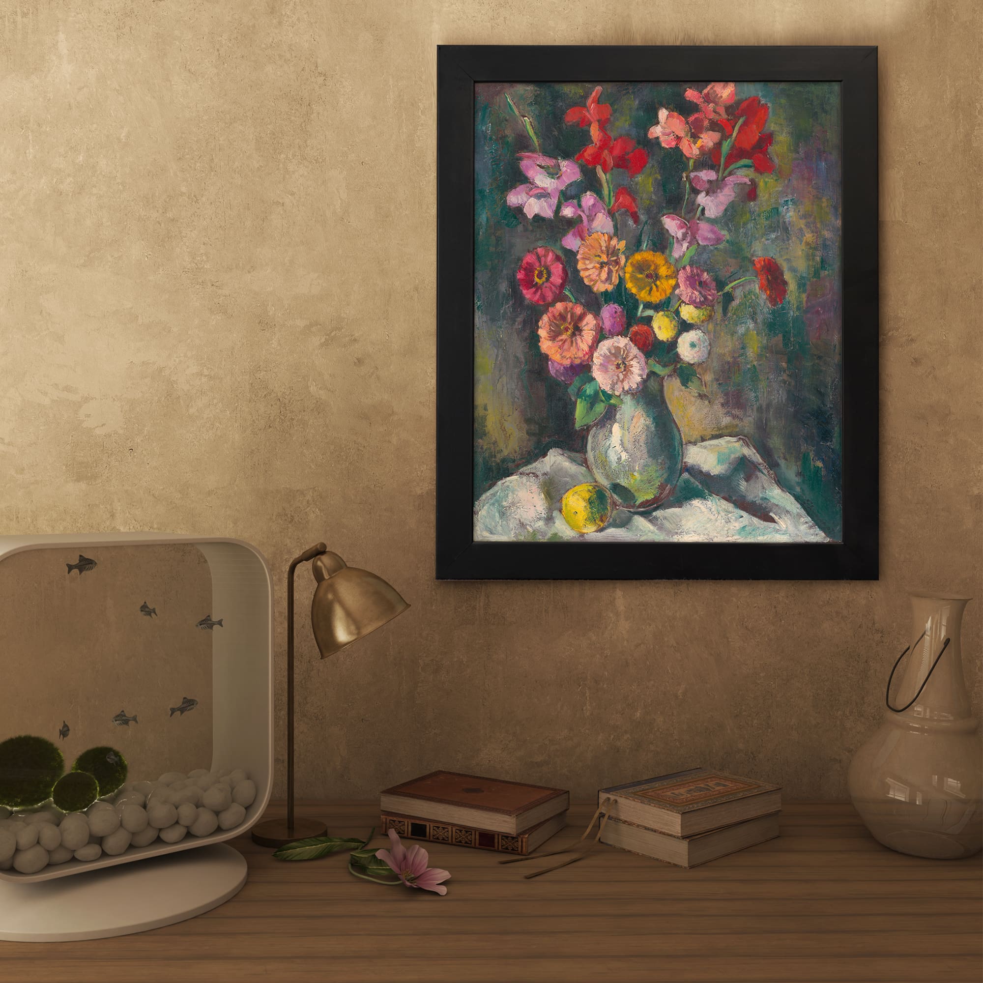 Infidu vintage floral vase wall art with colorful flowers on a dark background. displayed on the wall
