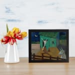 Vintage folk-art wall art with abstract animals, a green-roofed barn, and a crescent moon in a dark blue sky. displayed on the wall