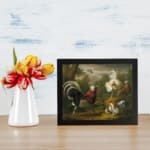 Vintage wall art of roosters and hens in a peaceful farmyard setting with natural earthy tones. displayed on the wall