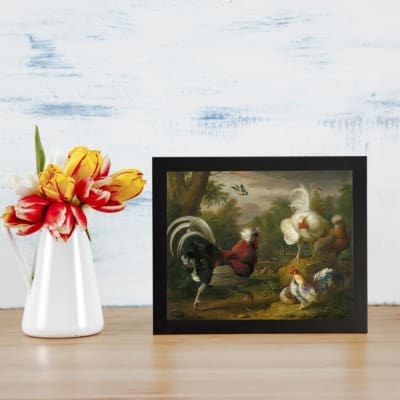 Vintage wall art of roosters and hens in a peaceful farmyard setting with natural earthy tones. displayed on the wall
