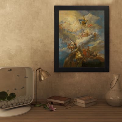 Vintage wall art depicting heavenly angels in soft tones of golden yellow, white, and light blue amidst swirling clouds. displayed on the wall