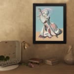 Vintage abstract wall art of a stylized cello player in soft pastel tones with geometric shapes and minimal background. displayed on the wall