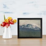 Infidu vintage wall art of snowy mountains in soft blue tones with a misty sky and forested valley. displayed on the wall