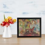 Infidu Vintage Abstract Wall Art with Dreamy Dog Figure, colorful and surreal design with soft brushstrokes and a misty background. displayed on the wall